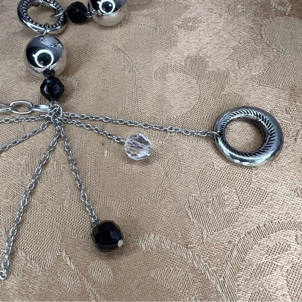 SILVER BEADED CHARM STATEMENT NECKLACE BOHO BOHEMIAN